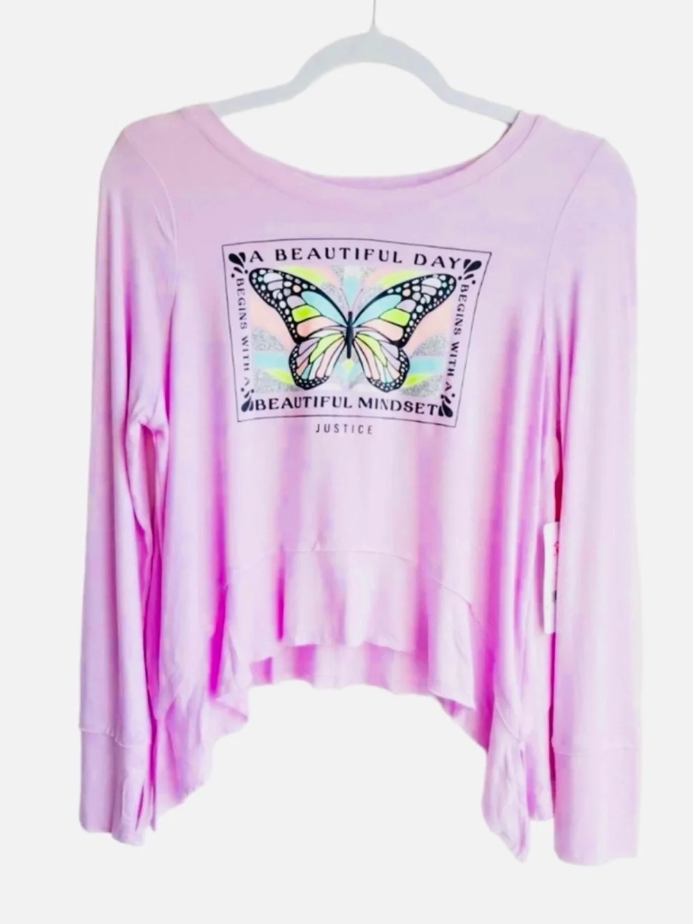 Justice Pink Butterfly Asymmetrical Long Sleeve Tee ~ Needs Repair